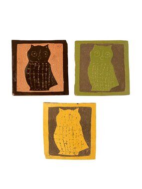 Handmade Owl Themed Tile Trivet Coasters Set Of 3 Brown Green Yellow
